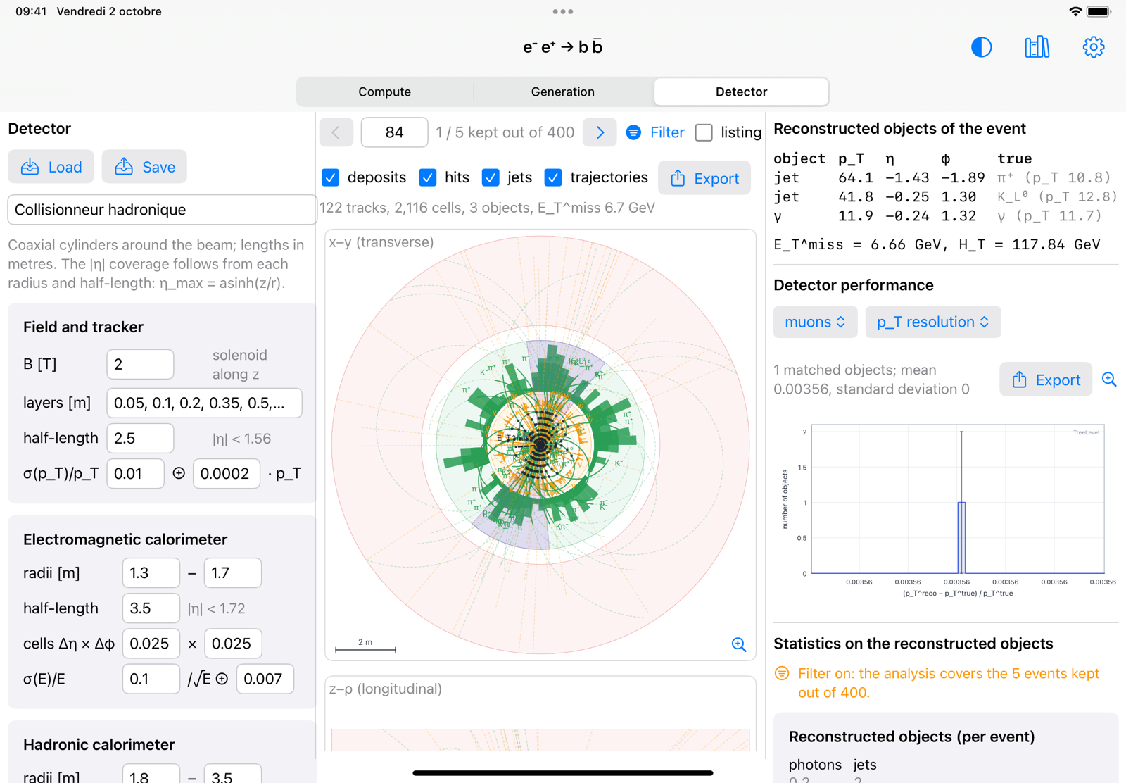 TreeLevel's Detector workspace on the iPad: a proton-proton collision at 13 TeV in the x–y and z–ρ cuts, with its tracks, deposits and reconstructed jets