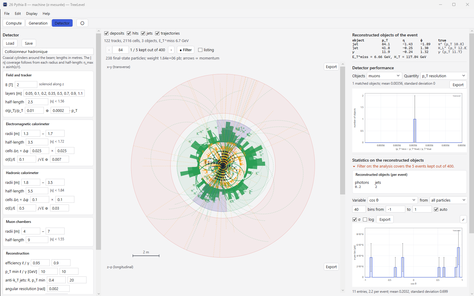 TreeLevel's Detector workspace on Windows: a proton-proton collision at 13 TeV in the x–y and z–ρ cuts, with its tracks, deposits and reconstructed jets