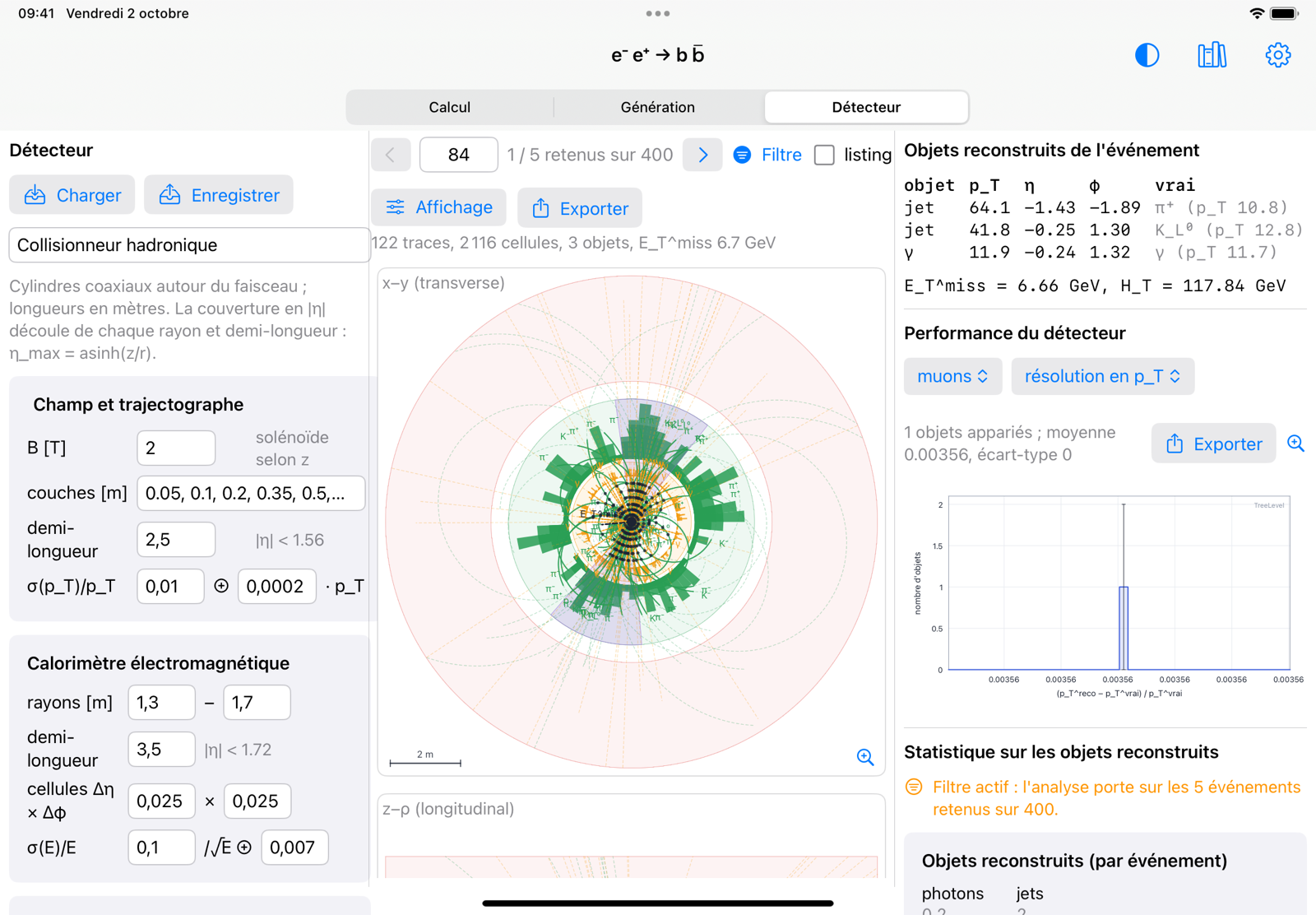 L'espace Détecteur de TreeLevel sur l'iPad : une collision proton-proton à 13 TeV dans les coupes x–y et z–ρ, avec ses traces, ses dépôts et ses jets reconstruits